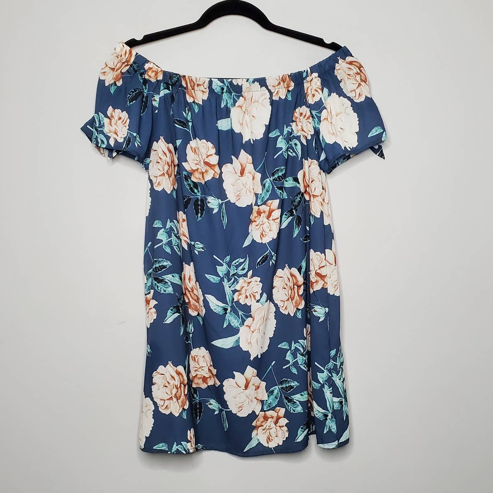 PEACH LOVE Blue Floral Print Off Shoulder Short Sleeve Mini Dress Sz Small S